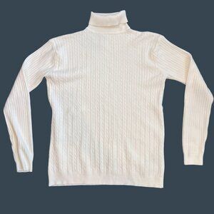Womens Large Cable Knit Sweater White Turtleneck Ribbed Sleeves Pullover Classic